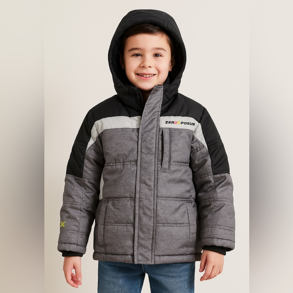 ZeroXposur Kids Hooded Winter Jacket Size M(5/6) Fleece Lined Gray/Black Quilted
